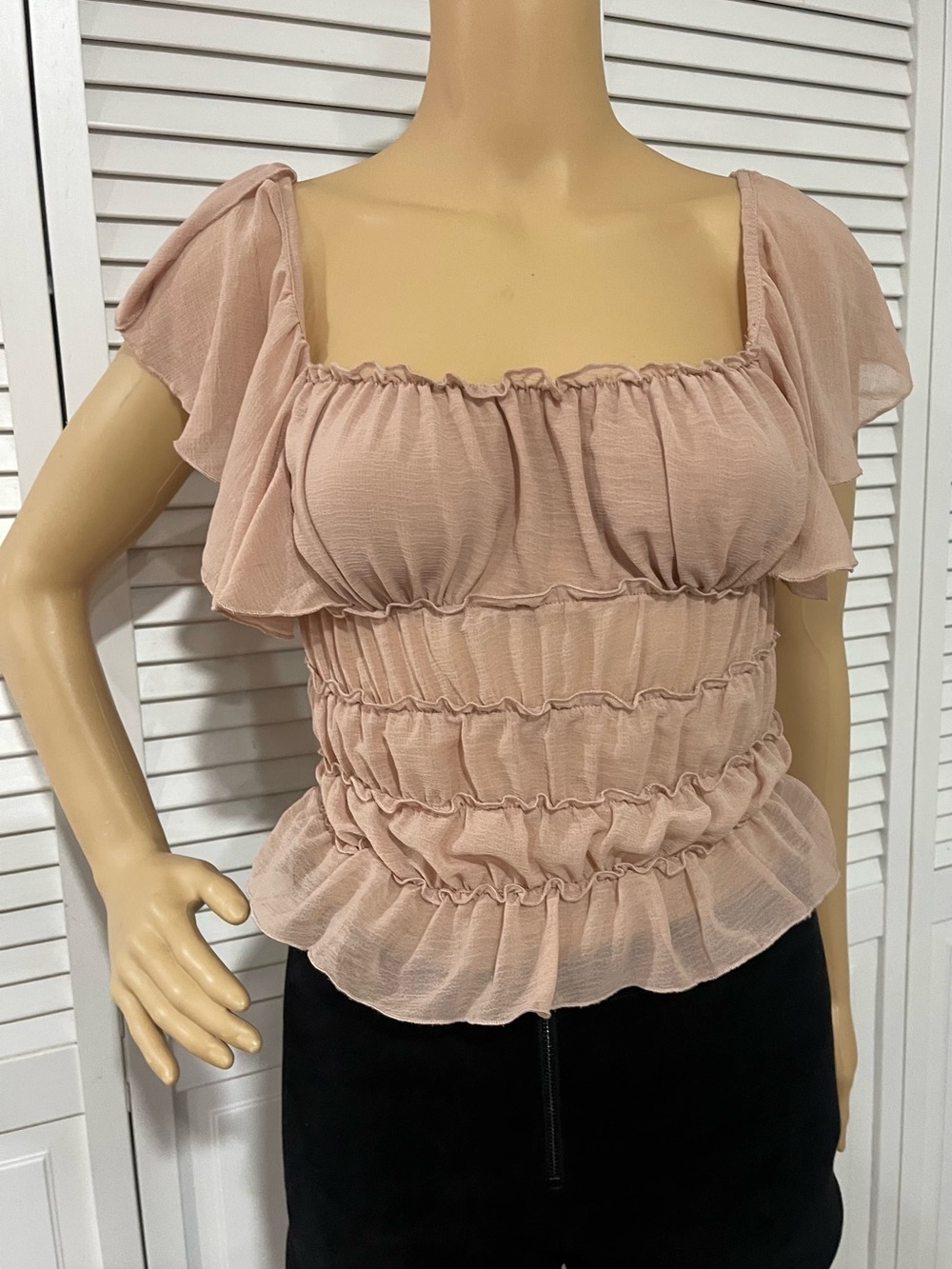 Blush Pink Ruffled Smocked Square-Neck Blouse